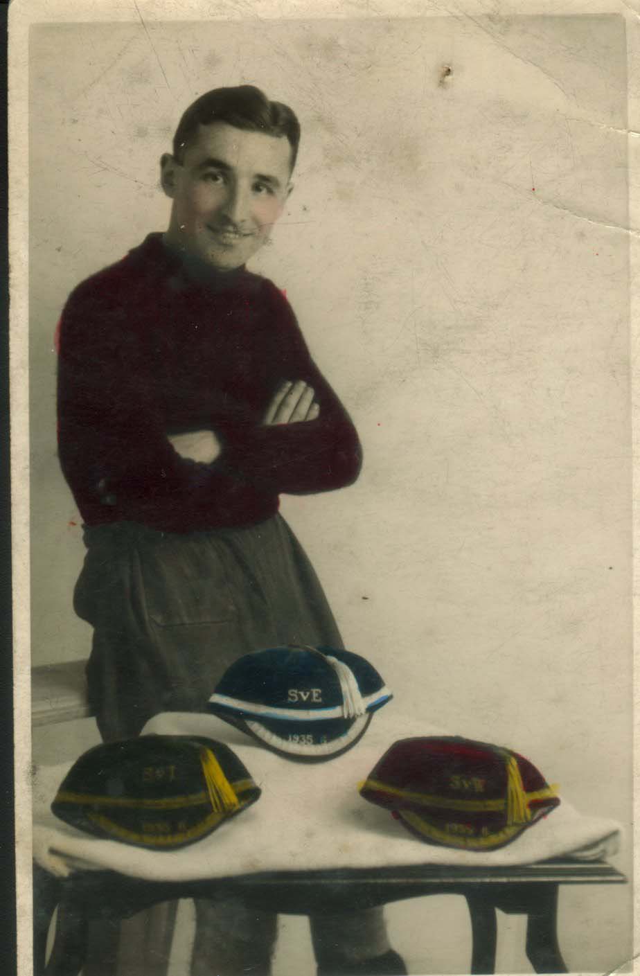 Jim Clark, Cambuslang Ranger's Keeper displaying his International Caps - 1936